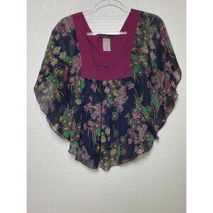 Love Squared Sheer Floral Overlay Blouse Small Navy/Magenta Boho Hippie Top Cute